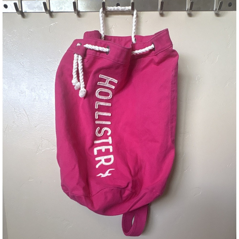 Hollister Womens Pink Canvas Duffel Bag Drawstring Logo Shoulder Strap Medium